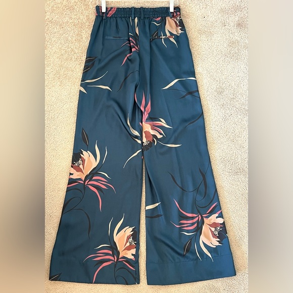New ZARA Teal Satin Wide Leg Tropical Floral Print Pants - Picture 7 of 10
